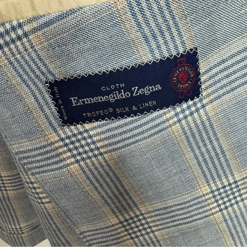 George Bass Ermenegildo Zegna Silk & Linen Blue Gray Plaid Blazer 45R‎